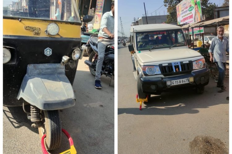 यातायात पुलिस सूरजपुर द्वारा सड़क पर गलत तरीके से खड़ी वाहनों पर की कार्यवाही, यातायात व्यवस्था सुगम बनाए रखने में सहयोग करने की अपील।